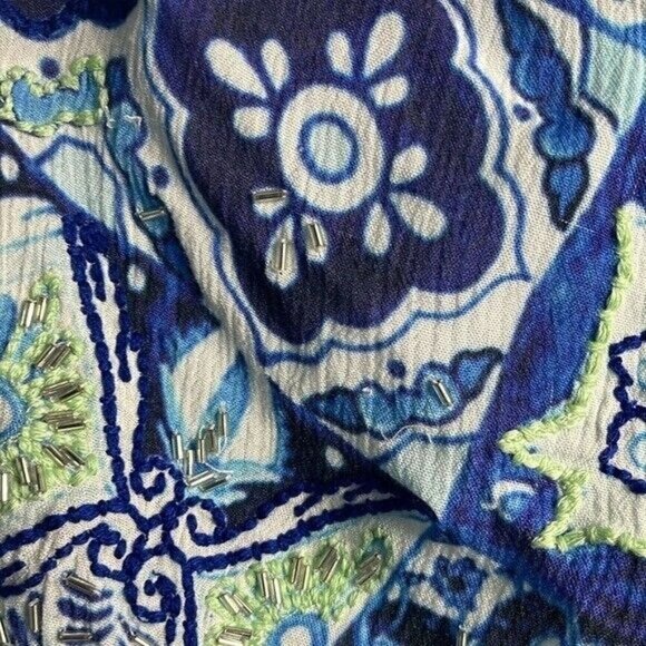 Hemant & Nandita Blue and White Beaded Zipper Boho Printed Maxi Dress - Picture 16 of 16